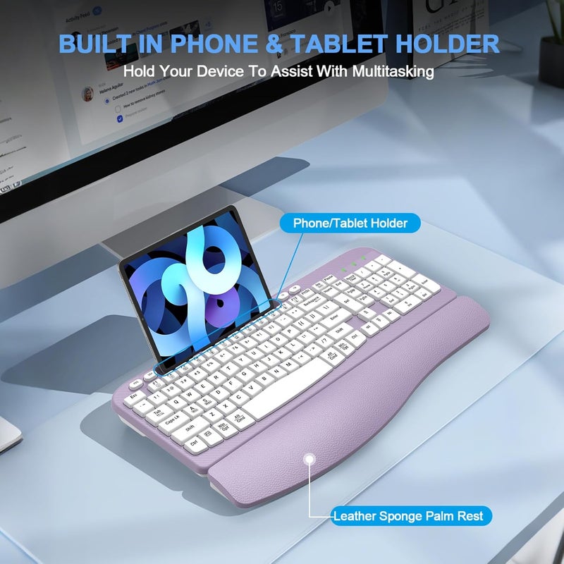 EAYBLLY Ergonomic Wireless Keyboard with Cushioned Wrist Rest, Wave Keys, Phone Holder, Comfortable Natural Typing, 2.4GHz Full Size Cordless USB Computer Keyboard for Windows, Mac OS, Laptop, PC (Purple) - Image 4
